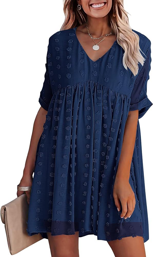 KIRUNDO 2023 Summer Womens Short Sleeve Mini Dress V Neck Flowy Casual Dress Swiss Dot Loose Shor... | Amazon (US)
