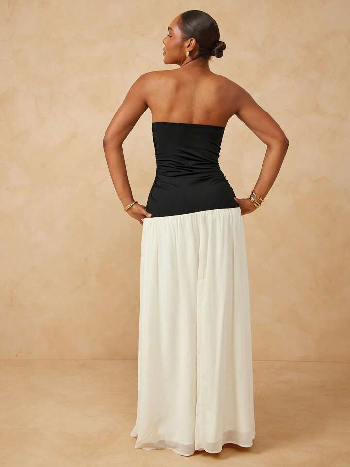 L'Amorae Women's Plus Size Elegant Wedding Guest Contrast Black Knit And White Chiffon Maxi Strap... | SHEIN