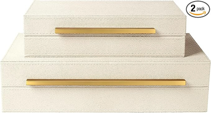 Sagala Set of 2 Beige Shagreen Decorative Boxes With Gold Metal Handles, Faux Leather Jewelry Box... | Amazon (US)