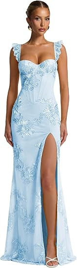 Mermaid Floral Prom Dresses for Women with Slit Spaghetti Straps Tulle Long Formal Bridesmaid Dre... | Amazon (US)