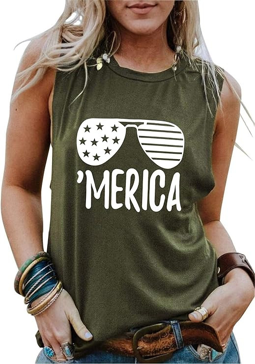 American Flag Tank Tops Women Sunglass Graphic Tees Shirts Casual Sleeveless 4th of July Shirt To... | Amazon (US)