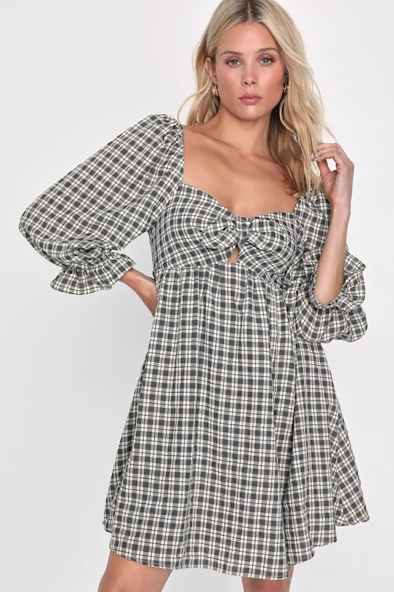 Charismatic Crush Grey Plaid Tie-Front Balloon Sleeve Mini Dress | Lulus (US)