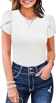 MIHOLL Ladies Tops Short Sleeve Fitted Crewneck Summer Cute Petal Sleeve Tee Shirts at Amazon Women’ | Amazon (US)