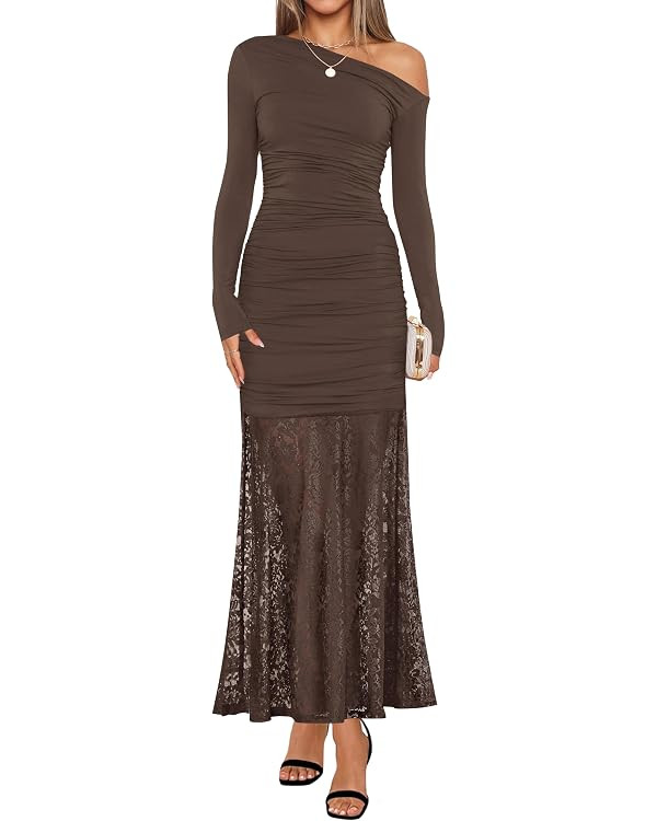 ZESICA Women's Long Sleeve Off Shoulder Bodycon Dresses Fall 2026 Ruched Lace Wedding Guest Cockt... | Amazon (US)
