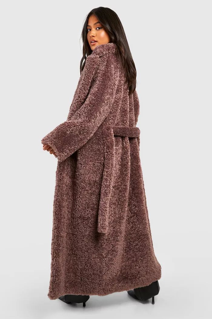 Petite Belted Textured Maxi Fur Coat | boohoo (US & Canada)