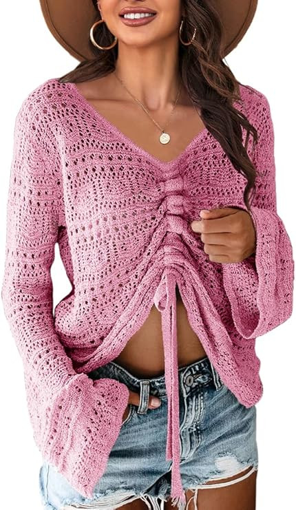 Saodimallsu Womens Boho Off Shoulder Sheer Crop Tops Bell Sleeve Flowy Oversized Crochet Ruched P... | Amazon (US)