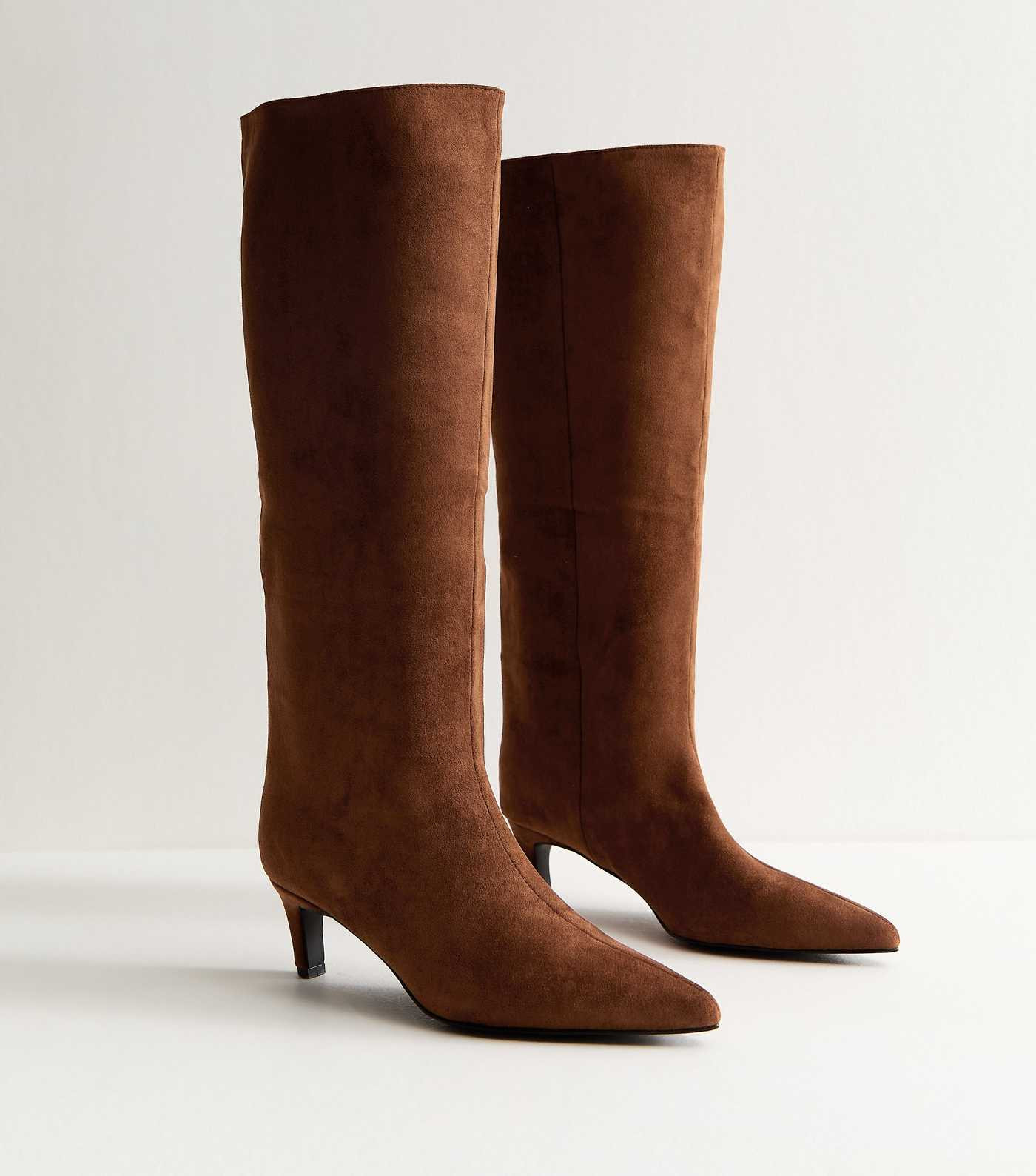 Rust Faux Suede Low Stiletto Heel Knee High Boots | New Look | New Look (UK)
