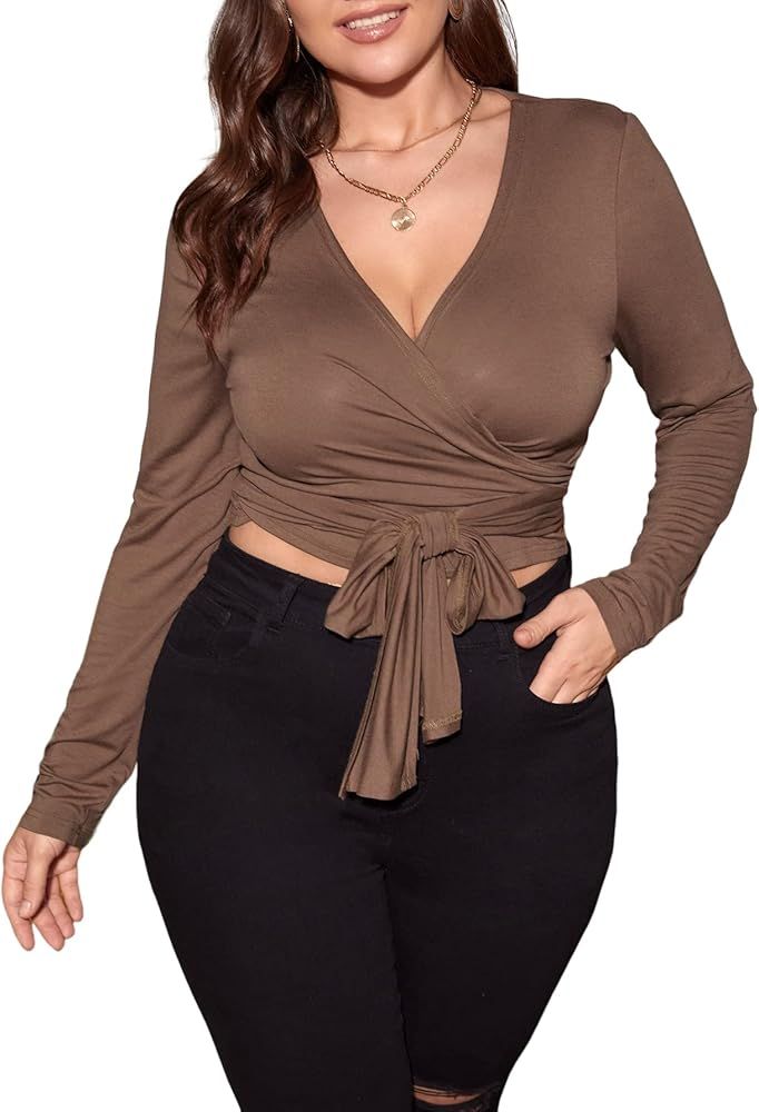 Floerns Women's Plus Size V Neck Long Sleeve Wrap Knot Front T Shirt Crop Top | Amazon (US)