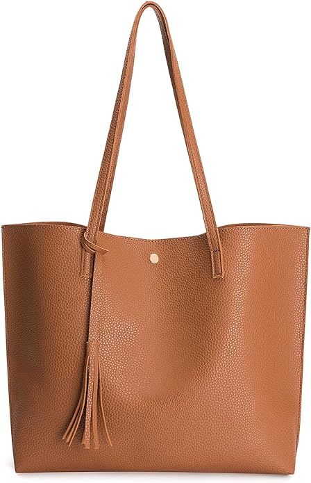Women's Tote Shoulder Bag PU Leather Big Capacity Tassel Handbag (M, Tote-M-Yellowish Brown) | Amazon (US)