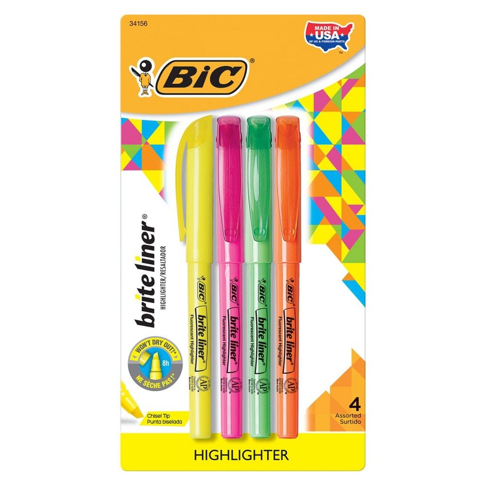 BIC Brite Liner Highlighter, Medium Tip, 4ct - Multicolor Ink | Target