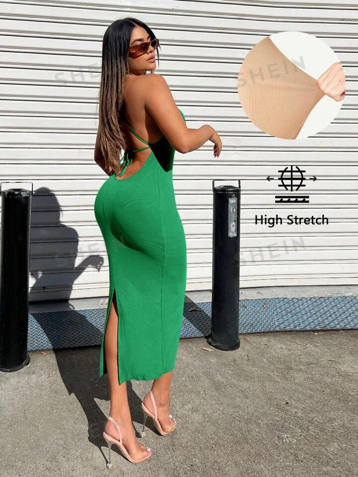 SHEIN SXY Women Solid Color Halter Neck Backless Sleeveless Summer Dress | SHEIN