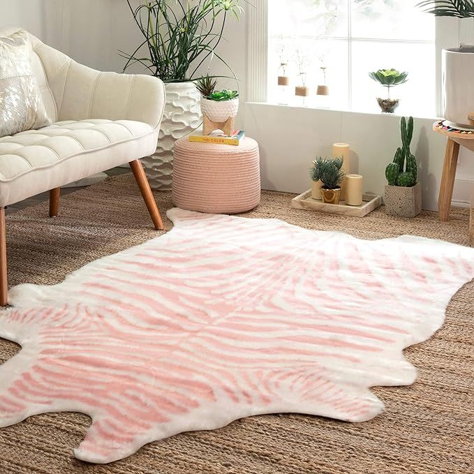 nuLOOM Cattle Faux Zebra Hide Area Rug, 5' x 6' 7", Pink | Amazon (US)