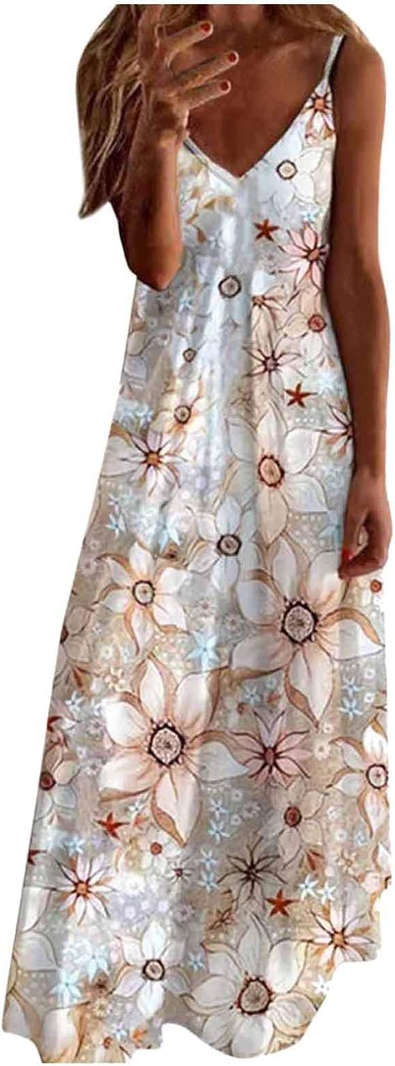 Women Boho Dress Summer Tropical Print Halter Spaghetti Strap Backless Maxi Dresses Sleeveless Be... | Amazon (US)