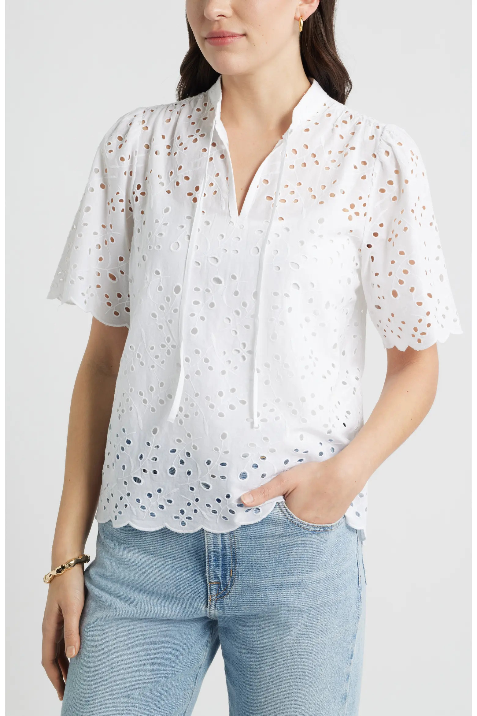 Eyelet Split Neck Cotton Top (Women) | Nordstrom | Nordstrom
