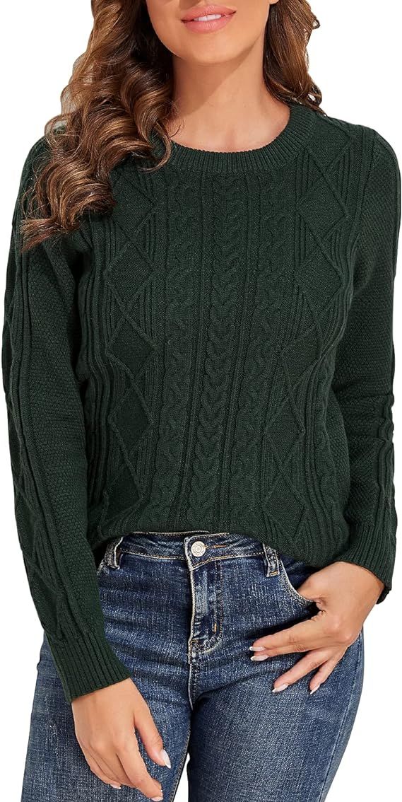 PrettyGuide Women's Sweater Crewneck Cable Knit Long Sleeve Pullover Tops | Amazon (US)
