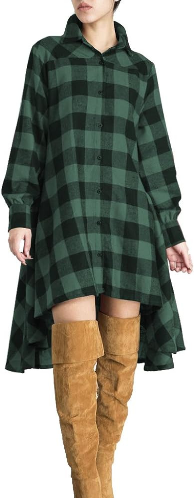 olrain Womens Plaids V Neck Long Sleeve Irregular Hem Casual Shirt Dress | Amazon (US)