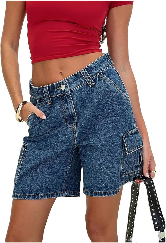 Women Y2K Baggy Denim Shorts Loose Mid Rise Cargo Long Jean Shorts Summer Wide Leg Distressed Car... | Amazon (US)