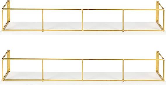 Kate and Laurel Benbrook 24 inch 2-Pack Wood and Metal Floating Wall Shelves, White and Gold | Amazon (US)