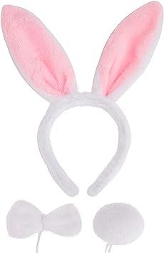 JIALWEN Easter Bunny Ears Set, 3 Piece Plush Rabbit Ears Headband Bow Tie and Tail for Halloween ... | Amazon (US)