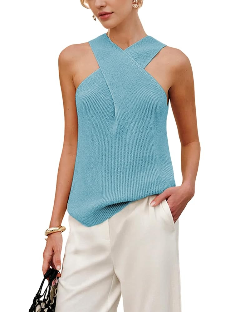 Yeokou Women Halter Cross Over Collar Tank Knit Sleeveless Top Solid Color Casual Summer Blouse | Amazon (US)