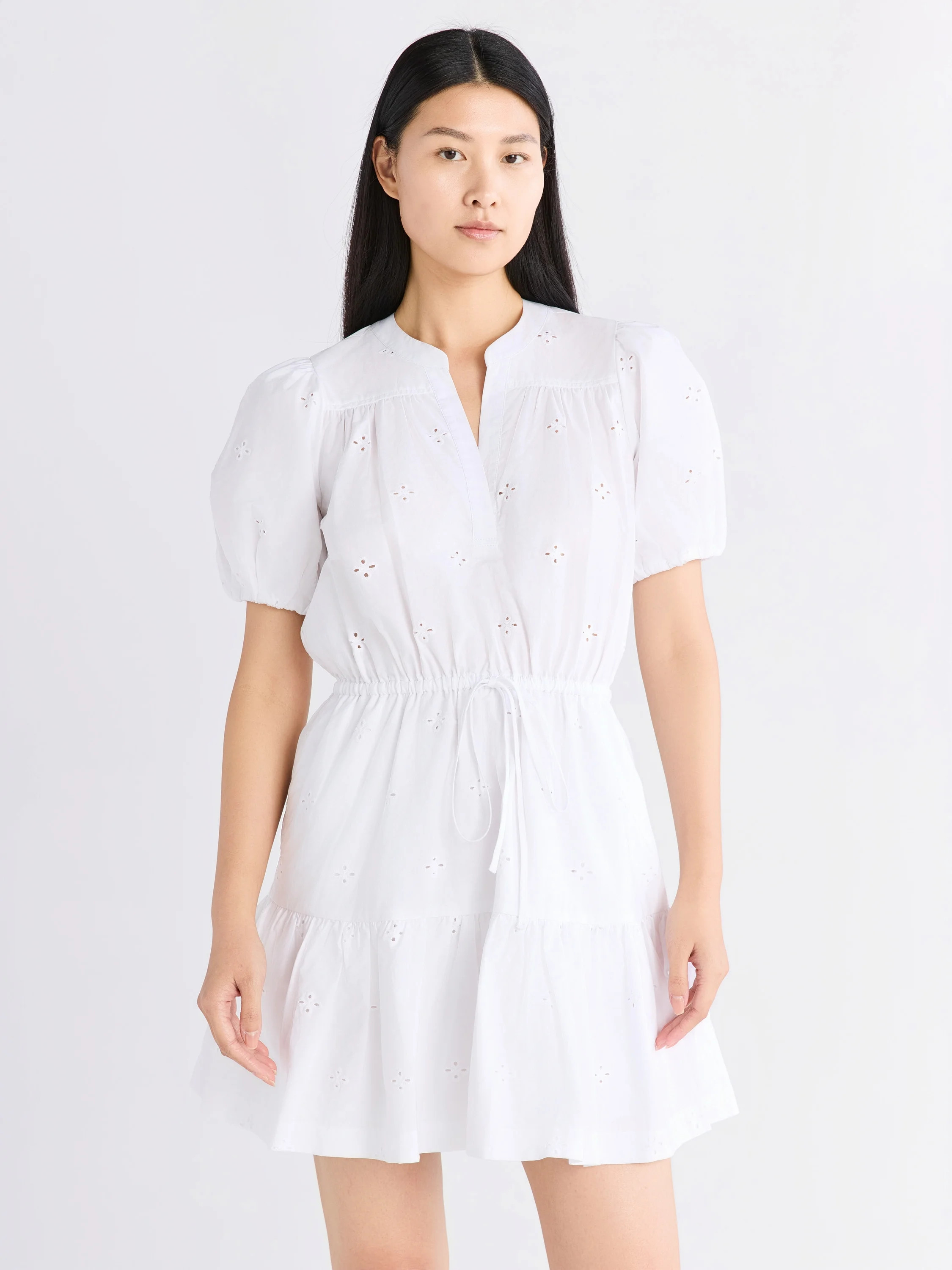 Free Assembly Women's and Women's Plus Cotton Eyelet Tiered Mini Dress with Puff Sleeves, Sizes X... | Walmart (US)