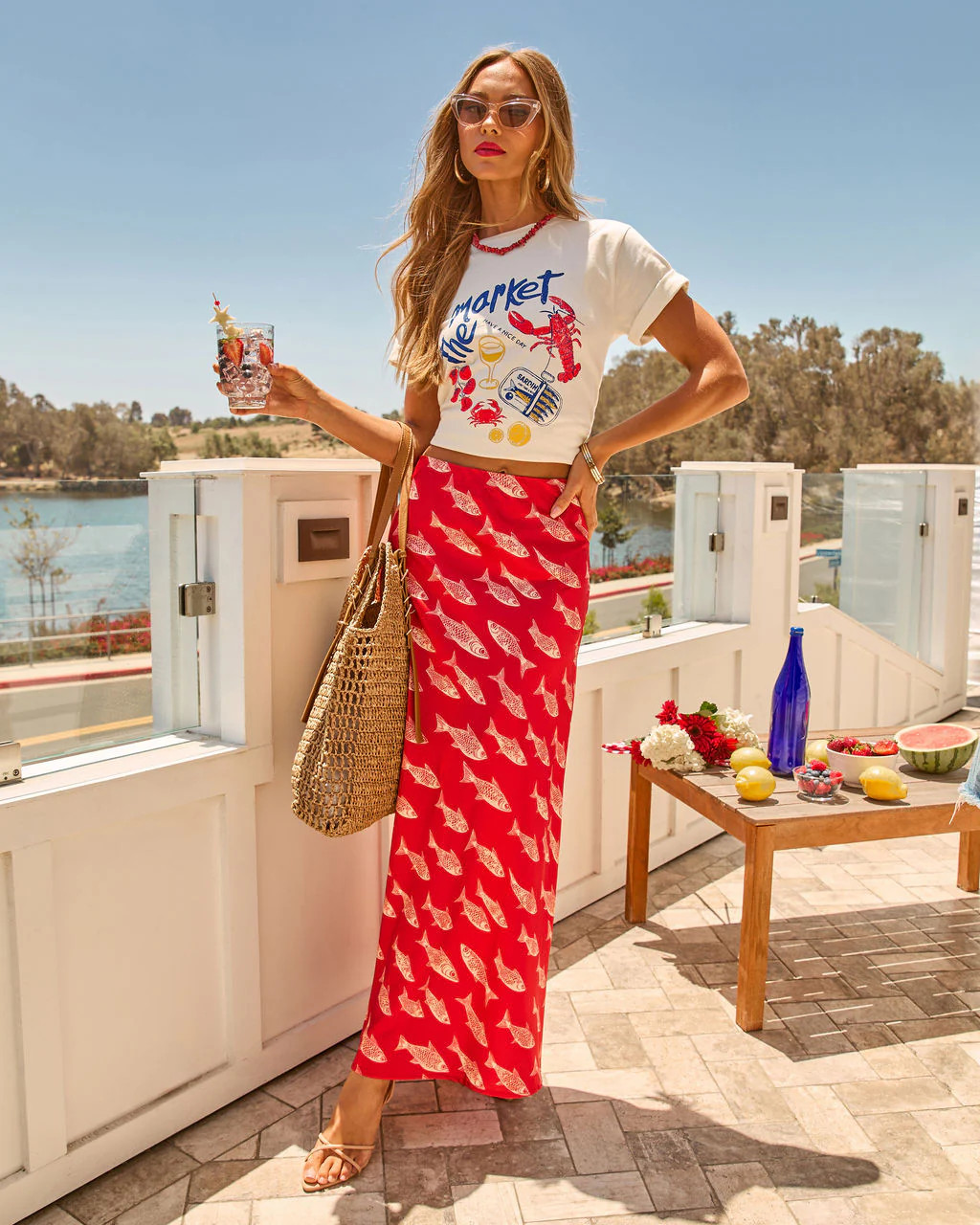 Salty Catch Satin Novelty Fish Print Maxi Skirt | VICI