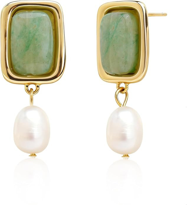 Jean Beau Gold Gemstone Dangle Drop Earrings for Women, Chunky Statement Pearl Square Natural Sto... | Amazon (US)