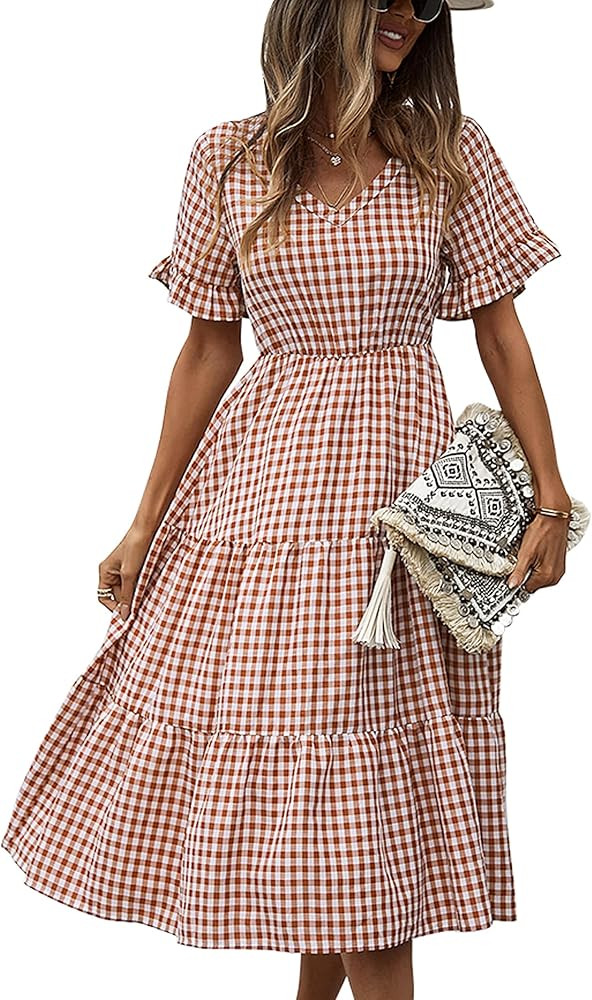 ECOWISH Womens Gingham Dress Casual Midi Dresses V Neck Short Sleeve Flowy Swing Shift Plaid Dres... | Amazon (US)