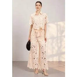 Guipure Lace Crop Shirt and Tie-Waist Pants Set in Apricot for Resort Vacations & Daytime Occasio... | Chicwish