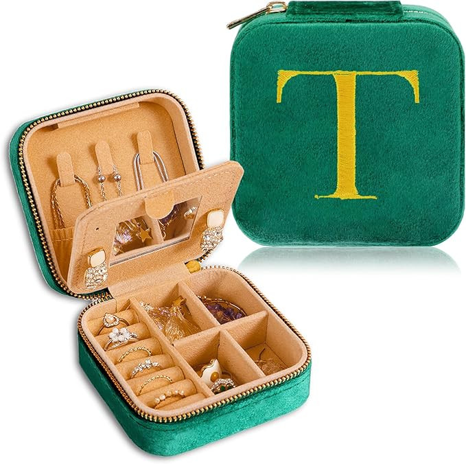 FUNARTY Plush Velvet Travel Jewelry Box Organizer, Gifts for Women Teen Girl, Small Jewelry Case Travel Jewelry Organizer, Earring Jewelry Organizer Box with Mirror, Travel Essentials Initial T | Amazon (US)