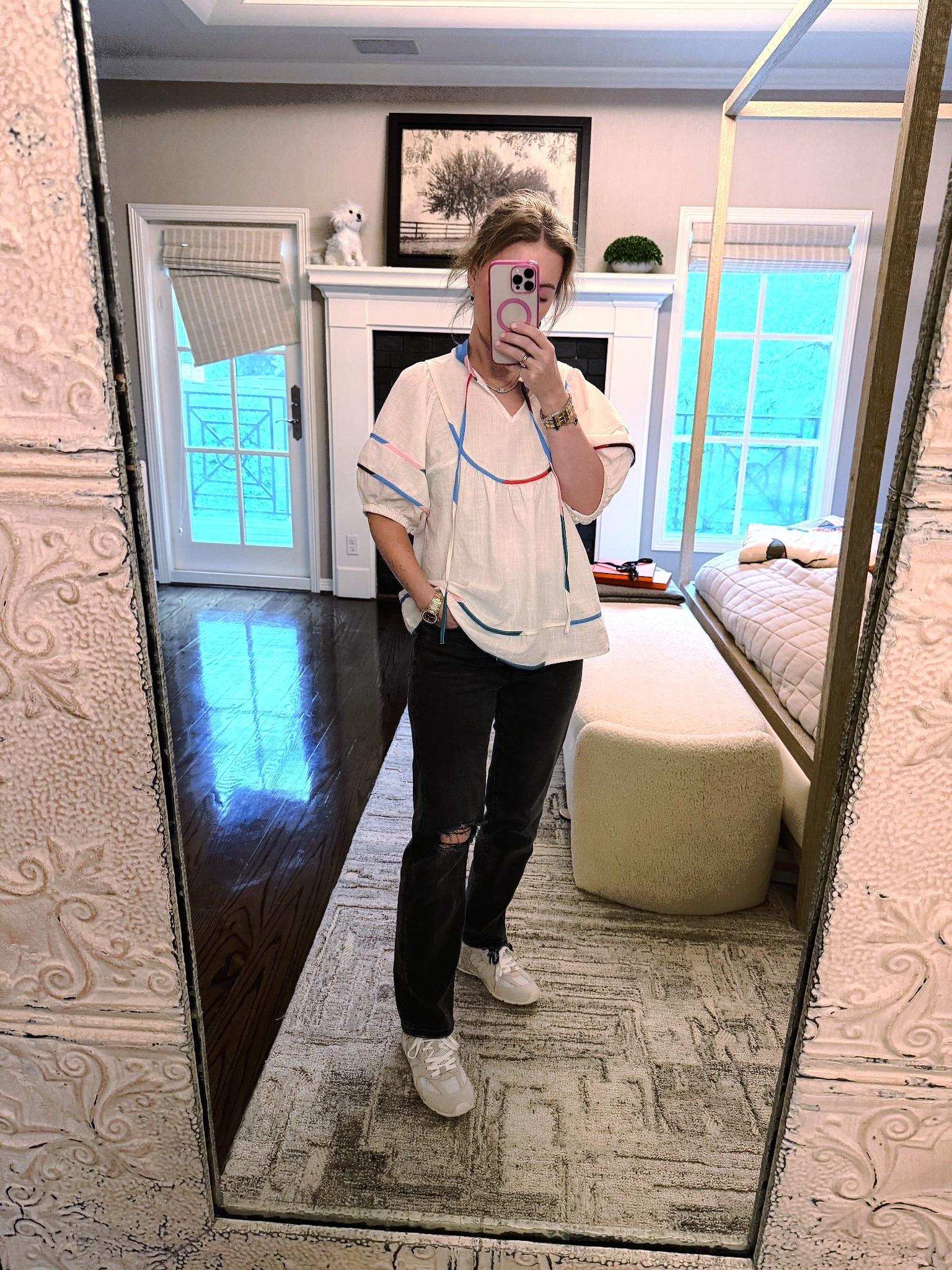 Loving puff sleeve blouses with touches of color! Goes great with jeans and sneaks  

#LTKPetite #LTKOver40