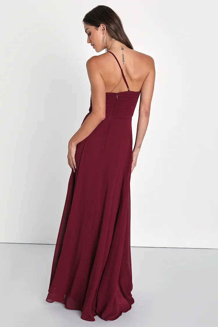 Extraordinary Elegance Burgundy Pleated One-Shoulder Maxi Dress | Lulus