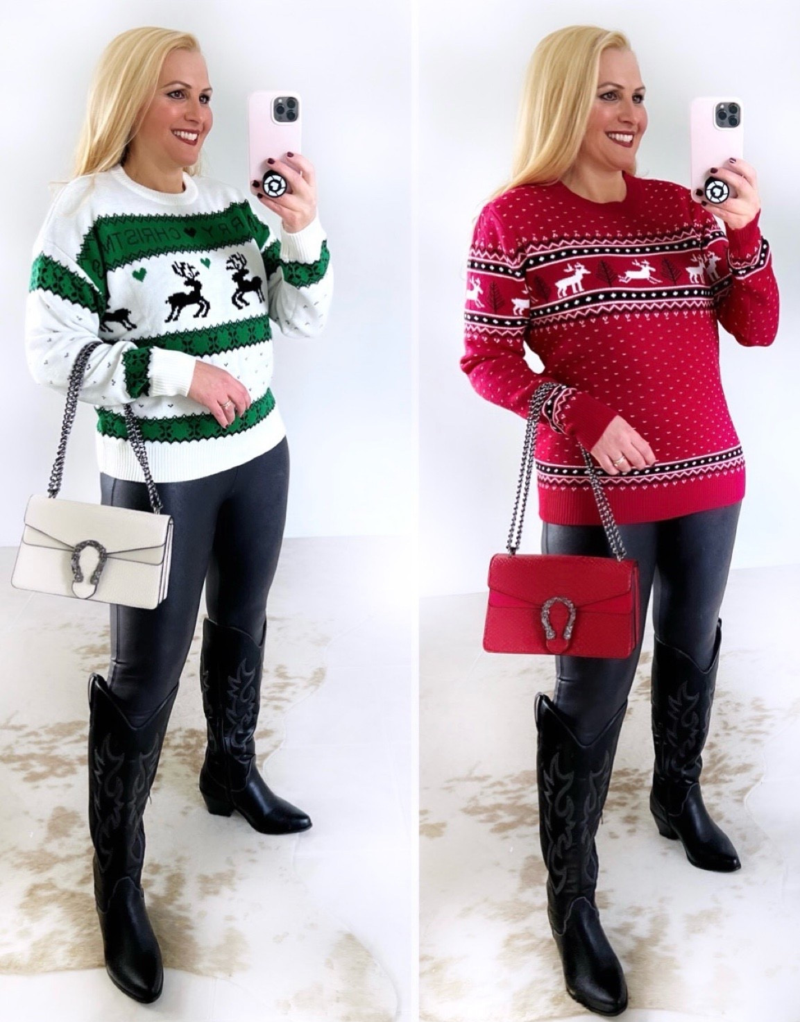 Christmas sweater outfit 

Sweater (left) medium 
Sweater (right) XL
Faux leather leggings large
Cowboy boots size 10



#LTKSeasonal #LTKStyleTip #LTKFindsUnder100 #LTKOver40 #LTKWorkwear #LTKU #LTKSaleAlert #LTKFindsUnder50 #LTKGiftGuide #LTKHoliday #LTKMidsize #LTKTravel #LTKActive #LTKHalloween