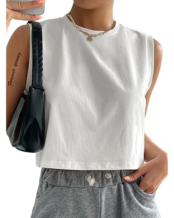 Hilinker Womens Crew Neck Loose Crop Tank Tops Workout Casual Sleeveless T-Shirt | Amazon (US)
