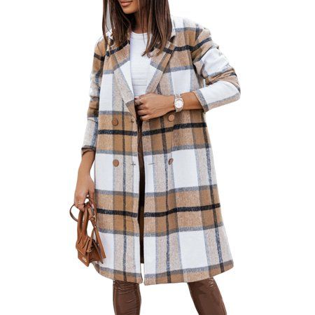 Women Mid-Length Jacket Flannel Lapel Coat Plaid Print Double Breasted Coat Autumn Winter Parka | Walmart (US)