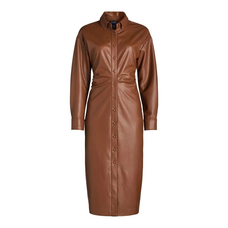 Scoop Women’s Faux Leather Maxi Shirtdress with Side Ruching, Sizes XS-XXL | Walmart (US)