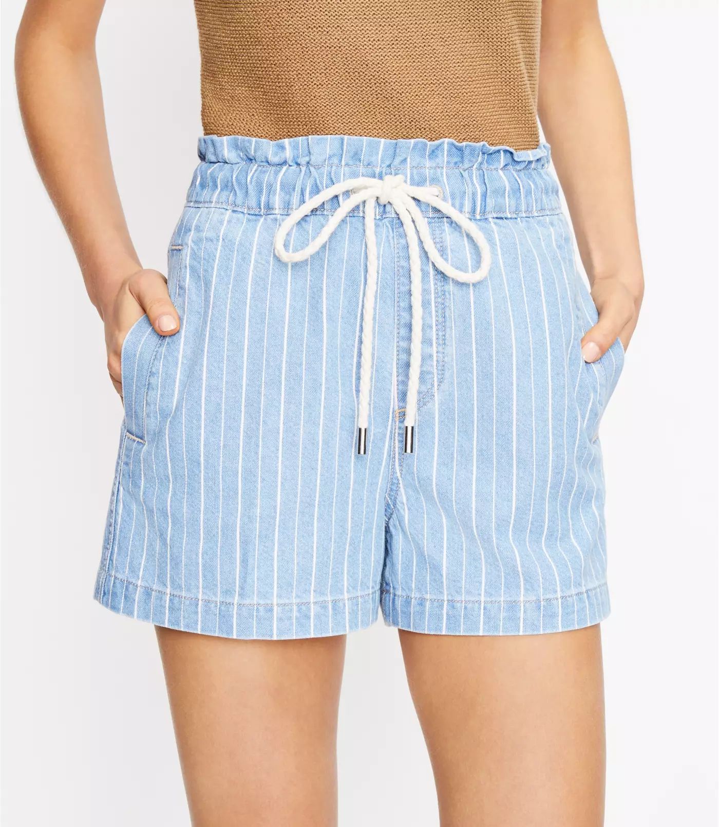 High Rise Pull On Denim Shorts in Indigo Stripe | LOFT | LOFT