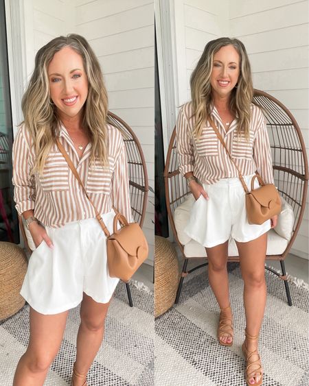 Amazon outfit amazon fashion amazon finds white shorts size medium, white blush stripe button down size small lace up sandals vacation outfit vacation fashion 

#LTKunder50