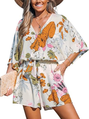 CUPSHE Women's Summer Romper V Neck Casual Wide Leg Outfit Short Sleeves Belted Pockets Mini Jumpsuit Overall White Printed, L | Amazon (US)