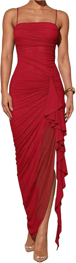 Floerns Women's Elegant Mesh Cami Dress Ruched Ruffle Side Slit Bodycon Maxi Prom Dresses | Amazon (US)