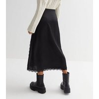 Petite Black Satin Lace Trim Midi Skirt New Look | New Look (UK)