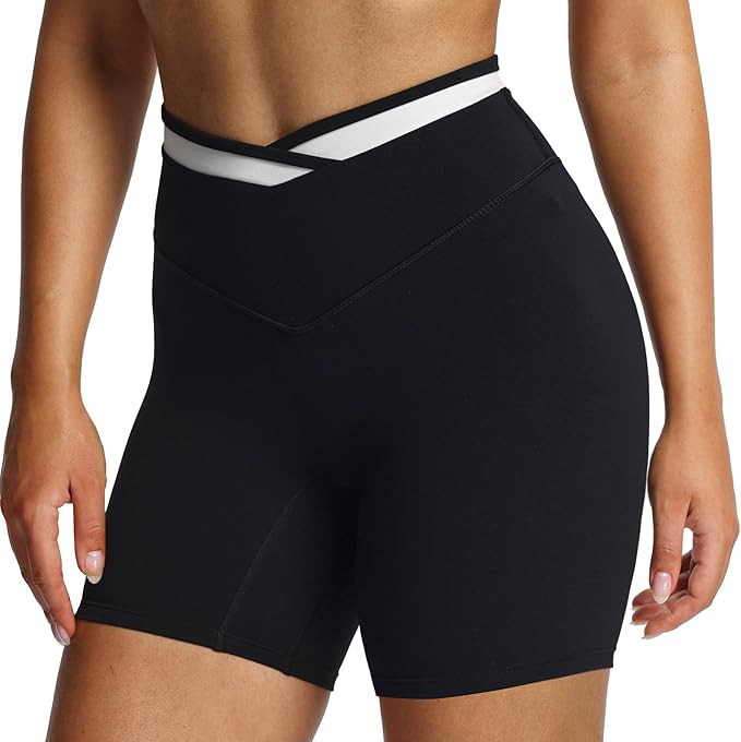 Aoxjox Velma Workout Biker Shorts for Women Color Block Cross-Waist High Waisted Exercise Gym Run... | Amazon (US)
