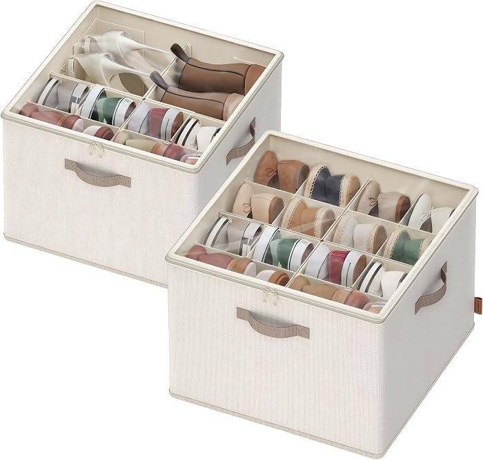SONGMICS Shoe Organizer for Closet, Fabric Shoe Organizer Box with Adjustable Dividers, Storage Compartments, Stackable, Transparent Lid, for up to 16 Pairs, Set of 2, Cappuccino Beige ULSP622LH01 | Amazon (US)