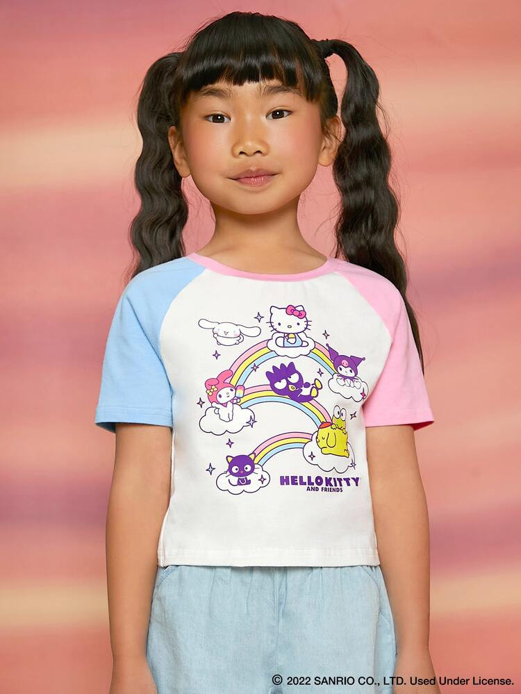 SHEIN X Hello Kitty and Friends Girls Colorblock Letter & Figure Graphic Raglan Sleeve Tee | SHEIN