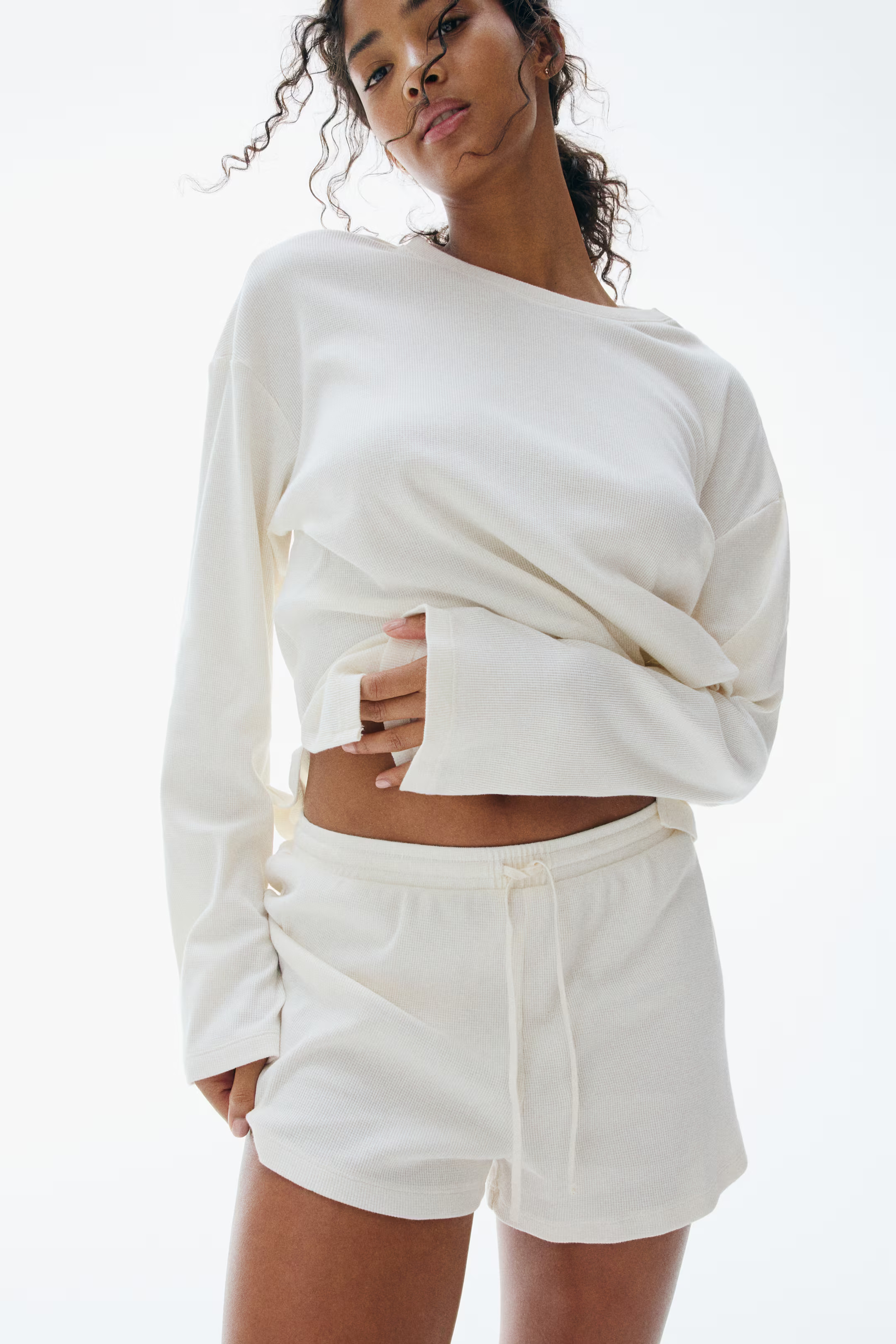 Waffled cotton pyjamas - Cream - Ladies | H&M GB | H&M (UK, MY, IN, SG, PH, TW, HK)