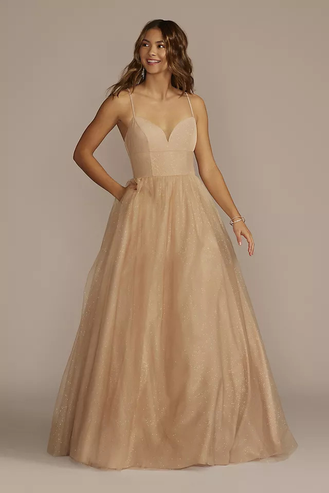 Lace-Up Glitter Tulle V-Neck Ball Gown | Davids Bridal