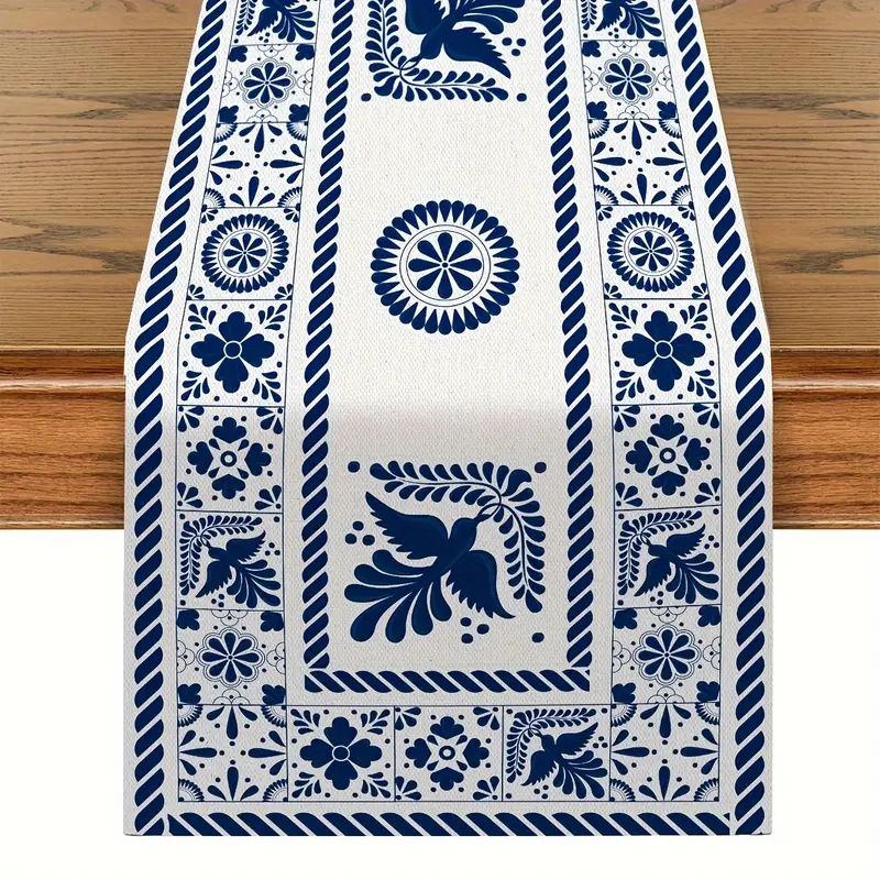 Mexican Table Runner Oxford Cloth Blue Patchwork Tile - Temu | Temu Affiliate Program