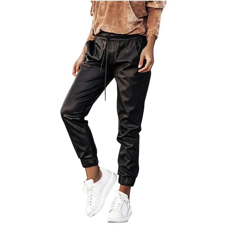 XFLWAM Faux Leather Jogger Pants High Waisted Thick Tummy Control Slimming Stretchy Leggings Pant... | Walmart (US)