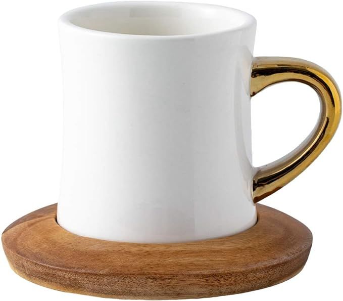 Coffeezone Gold Handle 12 oz Coffee/Tea Cup with Wood Saucer Luxury Thick Body Ceramic Mug for Am... | Amazon (US)
