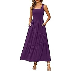 Kranda 2026 Summer Sleeveless Long Beach Sundress Square Neck Tank Top Tiered Maxi Dress with Poc... | Amazon (US)